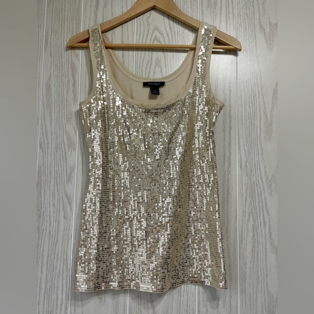 White Black House Market Gold Sequin Tank Top Size S NWOT
